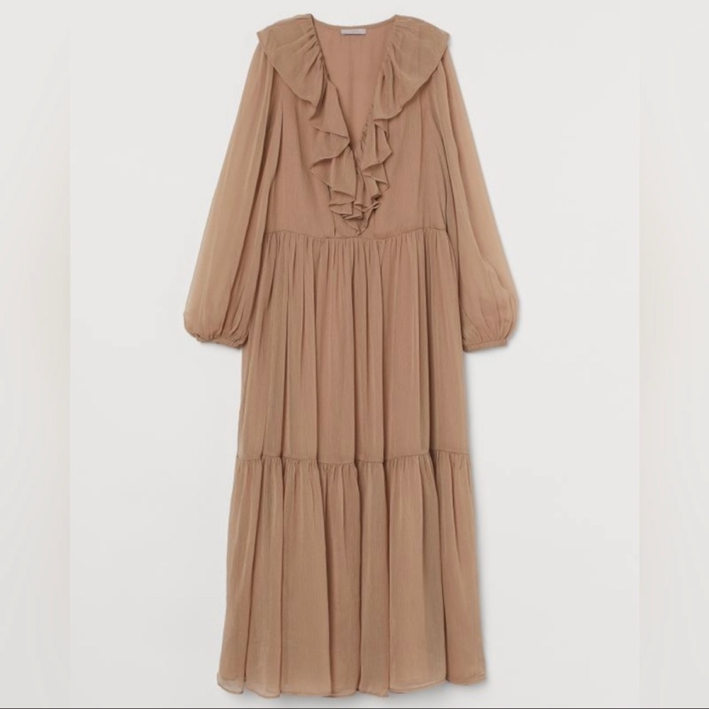 NWT H&M Tan Beige Long Tiered Ruffle Front Dress M